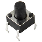 6 x 6 x 6mm 4 Pin DIP Tactile Momentary Push Button Switch - a small black square tactile switch with a tall cylindrical button and four metal pins.