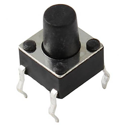 6 x 6 x 6mm 4 Pin DIP Tactile Momentary Push Button Switch - a small black square tactile switch with a tall cylindrical button and four metal pins.