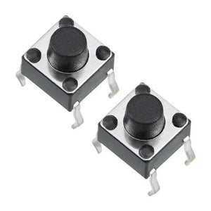 6 x 6 x 6mm 4 Pin DIP Tactile Momentary Push Button Switch - shown as two identical black and silver square tactile switches with four metal pins each.