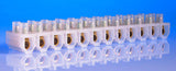 60 Amp Connector Strip, 12 Way PVC - shown as a single white plastic block with twelve metal-lined electrical connection ports arranged in a row.