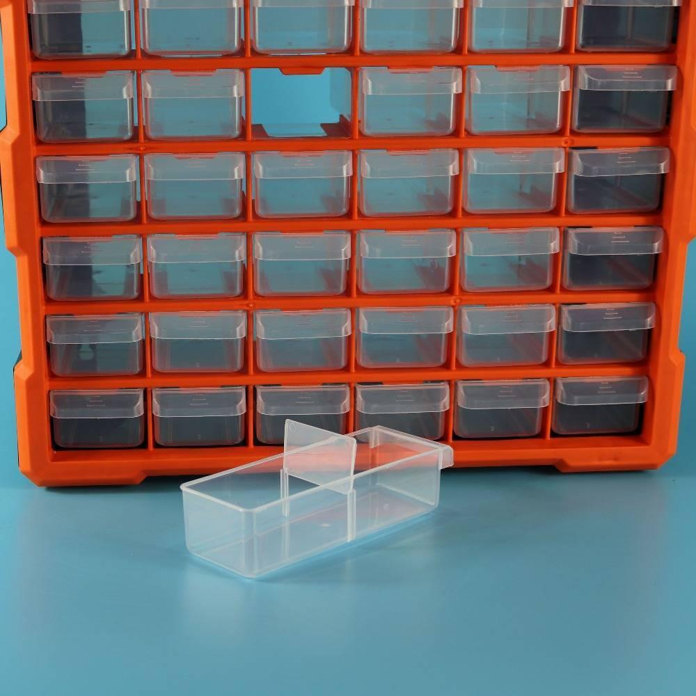 60 Drawer Plastic Component Storage Tools Box Makeup Jewelry Medicine Stationery Organizer - shown as an orange frame with multiple clear storage drawers and one detached drawer in the foreground.