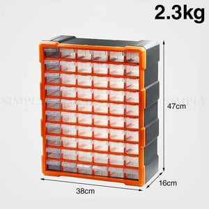 60 Drawer Plastic Component Storage Tools Box Makeup Jewelry Medicine Stationery Organizer - with an orange frame and clear drawers, shown with dimension labels of 47cm, 38cm, 16cm, and 2.3kg.