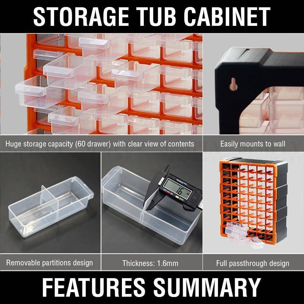 60 Drawer Plastic Component Storage Tools Box Makeup Jewelry Medicine Stationery Organizer - a multi-panel grid of the orange and clear cabinet, wall mounts, drawer partitions, and a digital caliper.