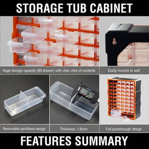 60 Drawer Plastic Component Storage Tools Box Makeup Jewelry Medicine Stationery Organizer - a multi-panel grid of the orange and clear cabinet, wall mounts, drawer partitions, and a digital caliper.