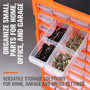 60 Drawer Plastic Component Storage Tools Box Makeup Jewelry Medicine Stationery Organizer - an orange frame with clear pull-out drawers filled with various metal screws.