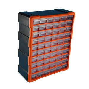 60 Drawer Plastic Component Storage Tools Box Makeup Jewelry Medicine Stationery Organizer - a black and orange rectangular cabinet featuring sixty small, clear plastic pull-out storage drawers.