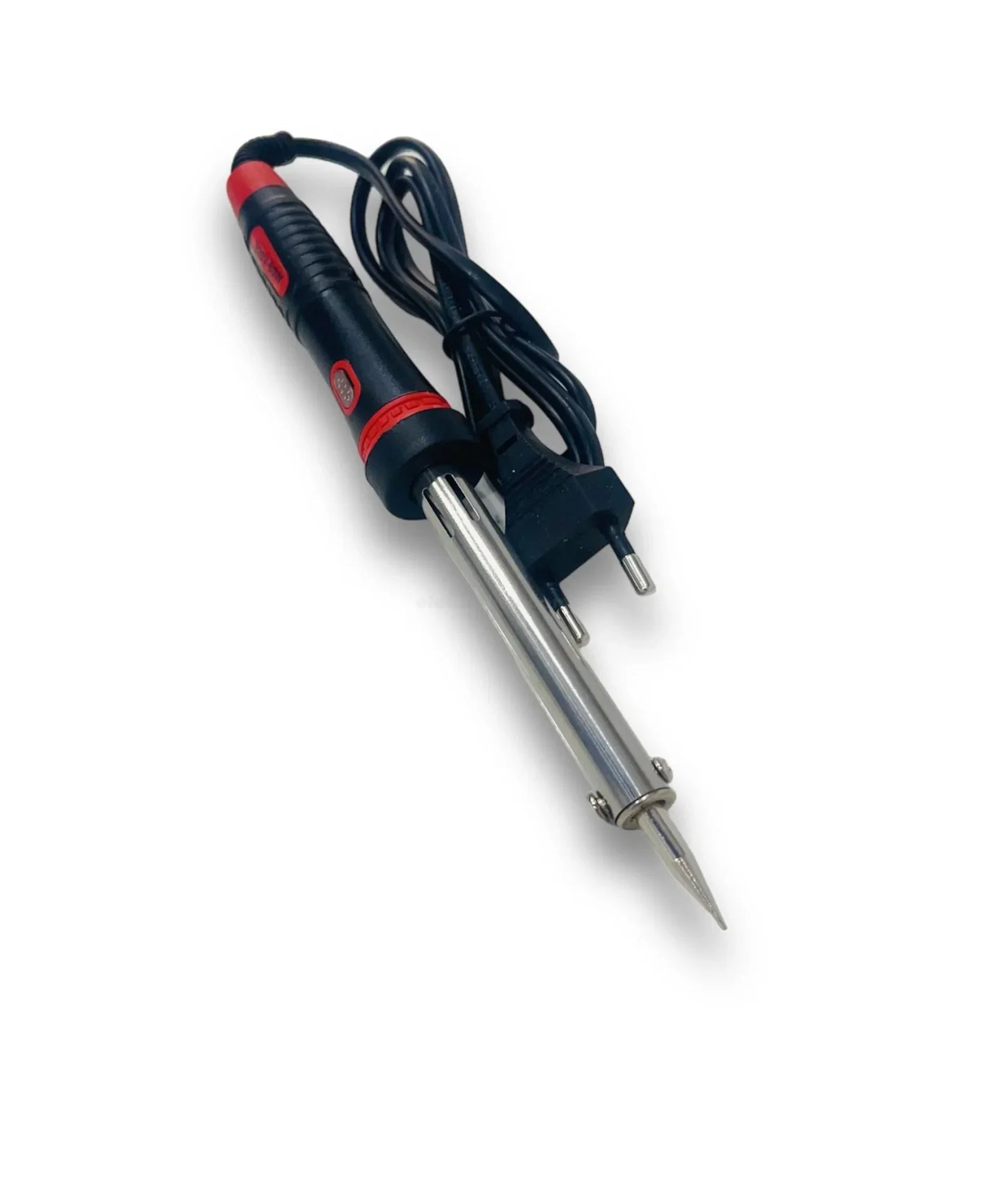 60 Watt Soldering Iron - with a black and red handle, a metallic heating barrel, a pointed tip, and an attached black power cord with a two-pin plug.