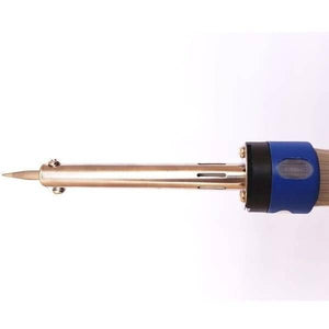 60 Watt Soldering Iron - a close-up of the silver metal heating element, pointed tip, and the blue plastic handle with a small indicator light.