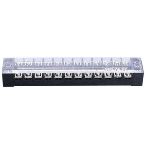 600V 15A 12P block connector terminal block - a black base with twelve metal screw terminals and a clear plastic protective cover.