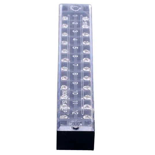 600V 15A 12P block connector terminal block - a black base, a clear plastic cover, and twelve numbered screw terminals labeled 1 through 12.