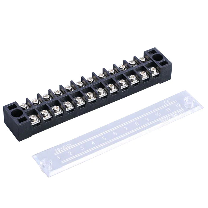 600V 15A 12P block connector terminal block - a black 12-position connector with metal screws and a separate transparent plastic cover labeled TB-1512L.