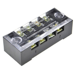 600V 15A 4P Dual Rows Covered Barrier Screw Terminal Block Strip connector - a black rectangular connector with four screw terminals and a clear plastic cover.
