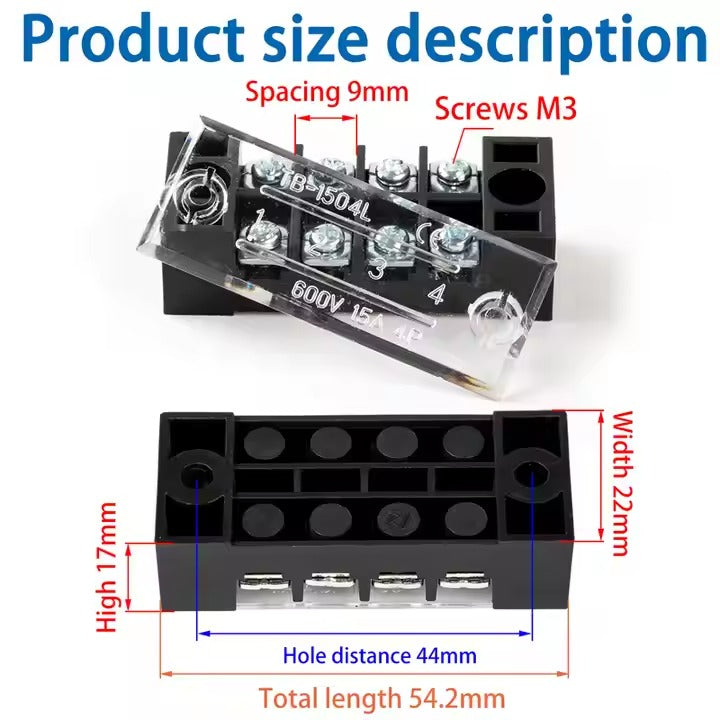 600V 15A 4P Dual Rows Covered Barrier Screw Terminal Block Strip connector - a dimension diagram with labels for spacing, screw size, height, and length.