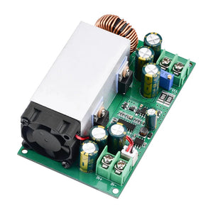 600W Buck Converter For Solar Panels High Power Step-down Power DC-DC Buck Converter Supply Module 12-75V To 2.5-50V 25A Adjustable Regulated Power - green PCB with a large aluminium heatsink, cooling fan, toroidal inductor, screw terminals and adjustment trimmers.