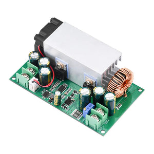 600W Buck Converter For Solar Panels High Power Step-down Power DC-DC Buck Converter Supply Module 12-75V To 2.5-50V 25A Adjustable Regulated Power - a green circuit board with a cooling fan, silver heatsink, copper inductor coil, screw terminals, and an adjustable blue potentiometer.