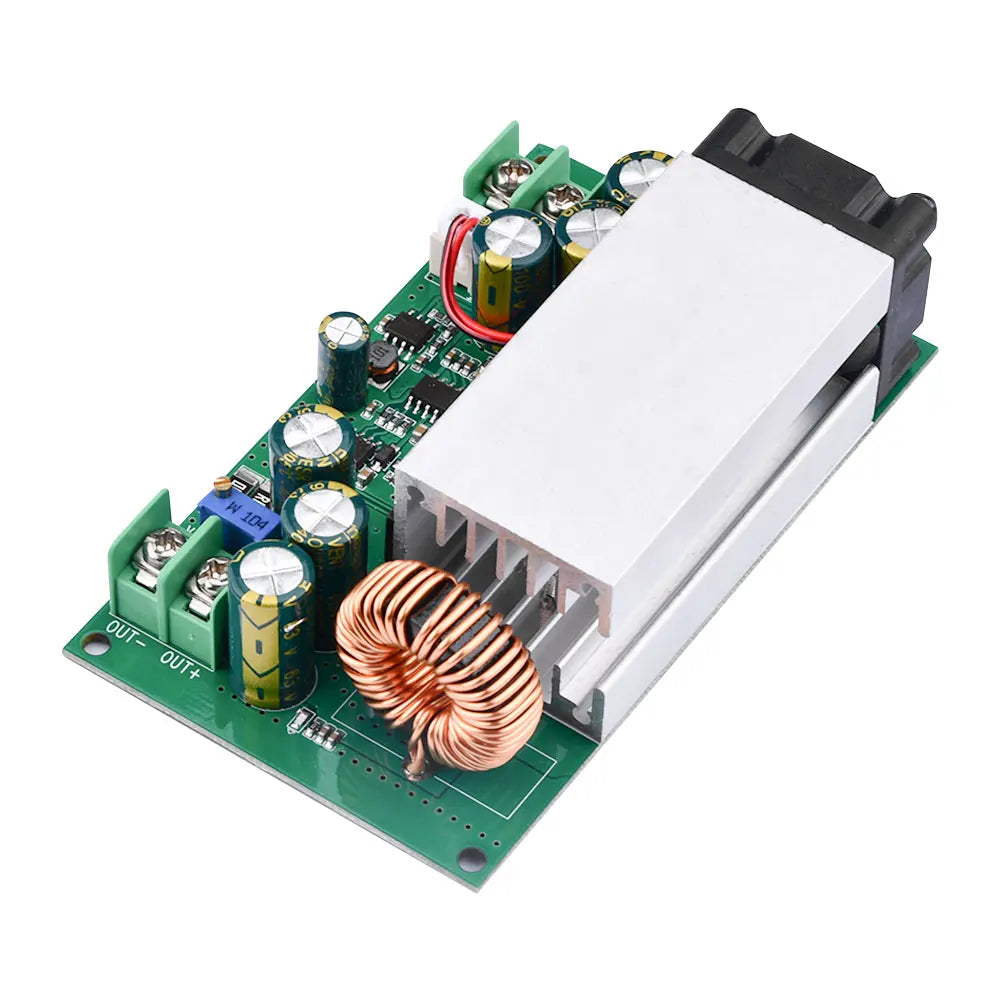 600W Buck Converter For Solar Panels High Power Step-down Power DC-DC Buck Converter Supply Module 12-75V To 2.5-50V 25A Adjustable Regulated Power - a green circuit board with a large copper inductor, a silver heatsink, a cooling fan, screw terminals, and a blue potentiometer.