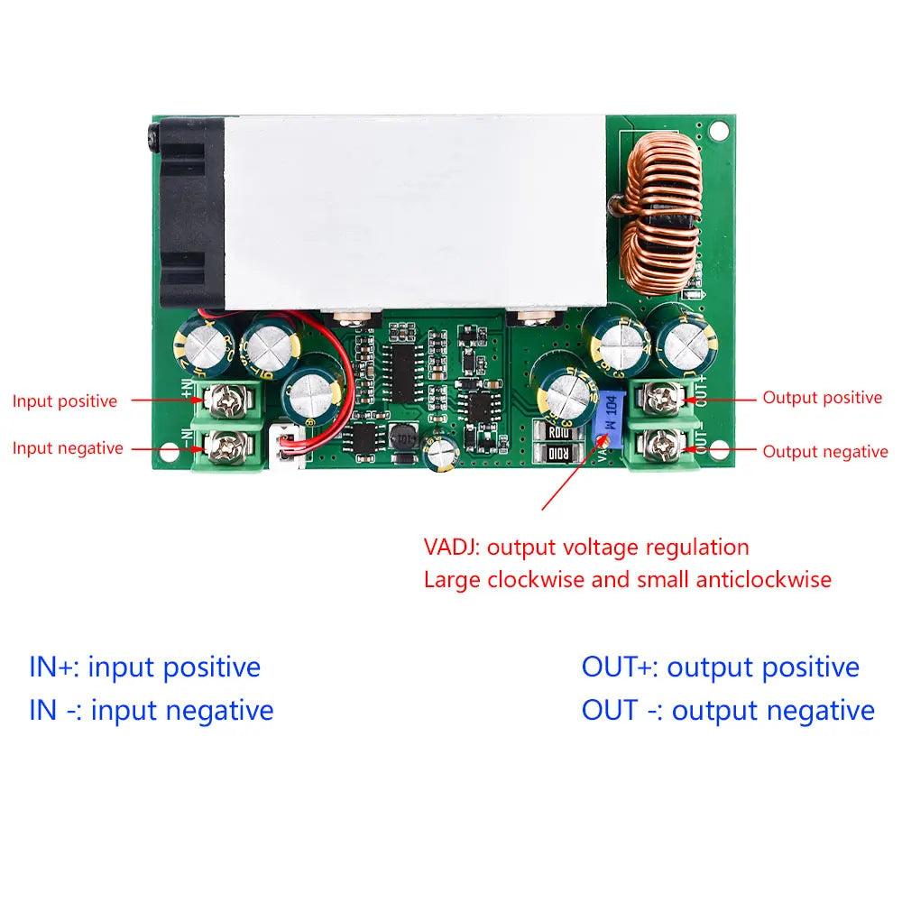 600W Buck Converter For Solar Panels High Power Step-down Power DC-DC Buck Converter Supply Module 12-75V To 2.5-50V 25A Adjustable Regulated Power - a green circuit board with a large silver heatsink, a copper inductor, screw terminals for input/output, and a blue adjustment knob.