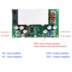600W Buck Converter For Solar Panels High Power Step-down Power DC-DC Buck Converter Supply Module 12-75V To 2.5-50V 25A Adjustable Regulated Power - a green circuit board with a large silver heatsink, a copper inductor, screw terminals for input/output, and a blue adjustment knob.