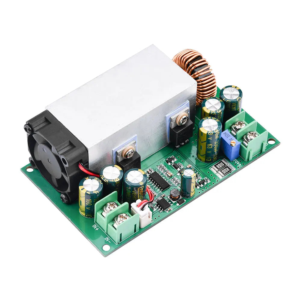 600W Buck Converter For Solar Panels High Power Step-down Power DC-DC Buck Converter Supply Module 12-75V To 2.5-50V 25A Adjustable Regulated Power - a green circuit board with a large silver heatsink, a cooling fan, screw terminals, capacitors, an inductor, and a blue potentiometer.