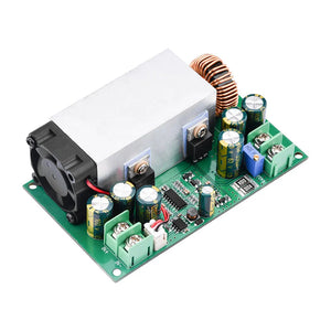 600W Buck Converter For Solar Panels High Power Step-down Power DC-DC Buck Converter Supply Module 12-75V To 2.5-50V 25A Adjustable Regulated Power - a green circuit board with a large silver heatsink, a cooling fan, screw terminals, capacitors, an inductor, and a blue potentiometer.