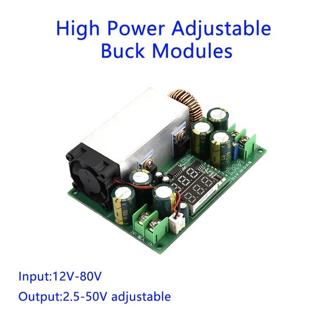 600W DC-DC Step Down Power Supply Module With Fan 12V-80V | Adjustable Output 2.5V-50VG - a green circuit board with a cooling fan, heatsink, copper coil, capacitors, and a digital LED display.