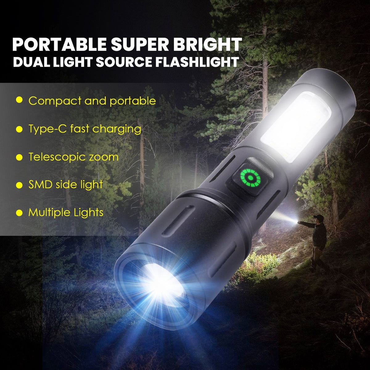 Handheld Rechargeable Emergency Torch Flashlight With Zoom  Universal Flashlight Dust Protection Type-c Charging