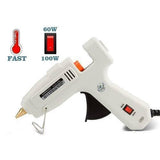 60W-100W Dual Temperature Hot Melt Glue Gun - with a metal stand, a nozzle, a trigger, and a power switch labeled 60W and 100W.