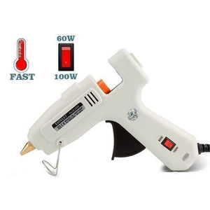 60W-100W Dual Temperature Hot Melt Glue Gun - with a metal stand, a nozzle, a trigger, and a power switch labeled 60W and 100W.