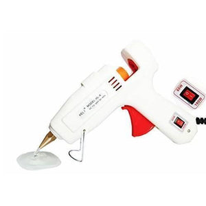 60W-100W Dual Temperature Hot Melt Glue Gun - with a red trigger, a metal stand, and a side-mounted switch labeled for 60W and 100W settings.