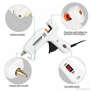 60W-100W Dual Temperature Hot Melt Glue Gun - shown in a white, multi-view diagram highlighting the copper nozzle, safety bracket, and power switch.