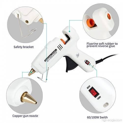 60W-100W Dual Temperature Hot Melt Glue Gun - shown in a white, multi-view diagram highlighting the copper nozzle, safety bracket, and power switch.