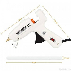 60W-100W Dual Temperature Hot Melt Glue Gun - shown in a white dimension diagram with a glue stick, a power switch, and measurement labels.