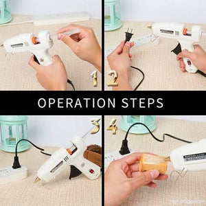 60W-100W Dual Temperature Hot Melt Glue Gun - shown in a four-step operation guide, featuring a white glue gun, power cord, and glue stick.