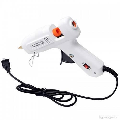 60W-100W Dual Temperature Hot Melt Glue Gun - a white handheld tool with an orange glue stick feed, a wire stand, a black trigger, and a power switch.
