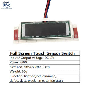 60W 12V LCD Display Time Temperature Date Touch Inductor Defogger Touch Sensor Switch For Bathroom Smart Mirror - a rectangular white frame with a black display screen, wiring harness, and spec table.