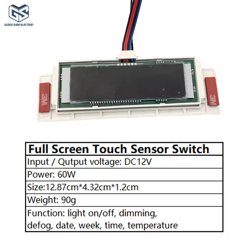 60W 12V LCD Display Time Temperature Date Touch Inductor Defogger Touch Sensor Switch For Bathroom Smart Mirror - a rectangular white frame with a black display screen, wiring harness, and spec table.