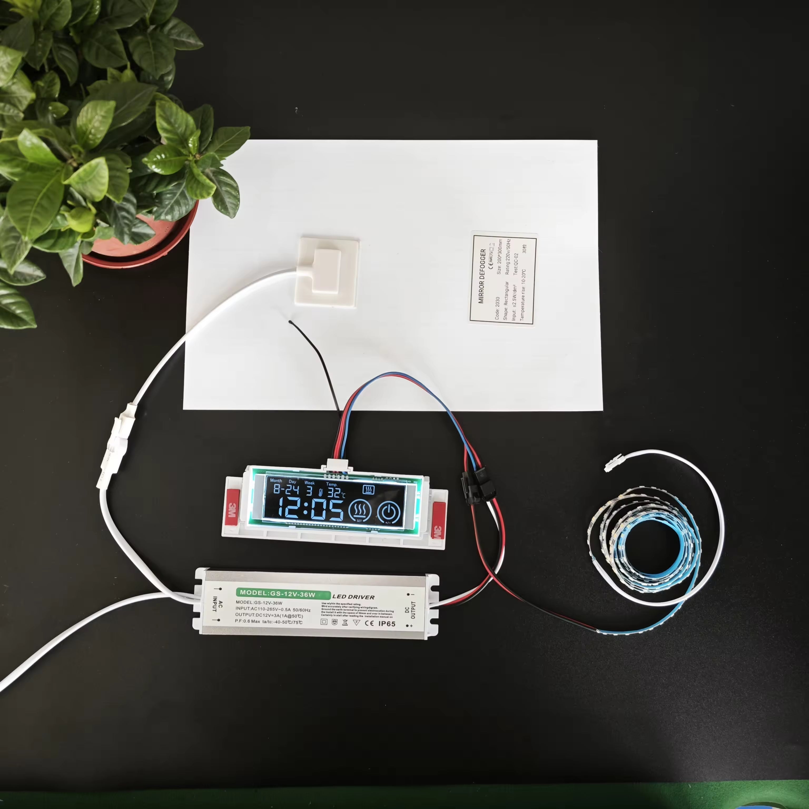 60W 12V LCD Display Time Temperature Date Touch Inductor Defogger Touch Sensor Switch For Bathroom Smart Mirror - a rectangular defogger pad, LED driver, and display showing 12:05, date, and temperature.