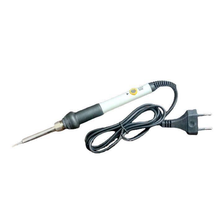 60W 220V Adjustable Temperature Control Soldering Solder Iron For Electronic Repair - a white and black handheld tool with a yellow temperature adjustment dial and a power cord.