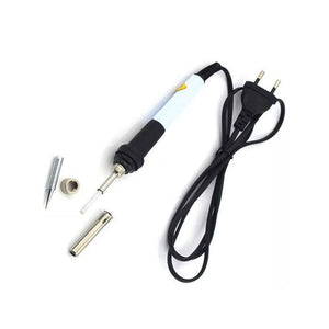 60W 220V Adjustable Temperature Control Soldering Solder Iron For Electronic Repair - with a white and black handle, power cord, and three detachable metal tips on a white background.