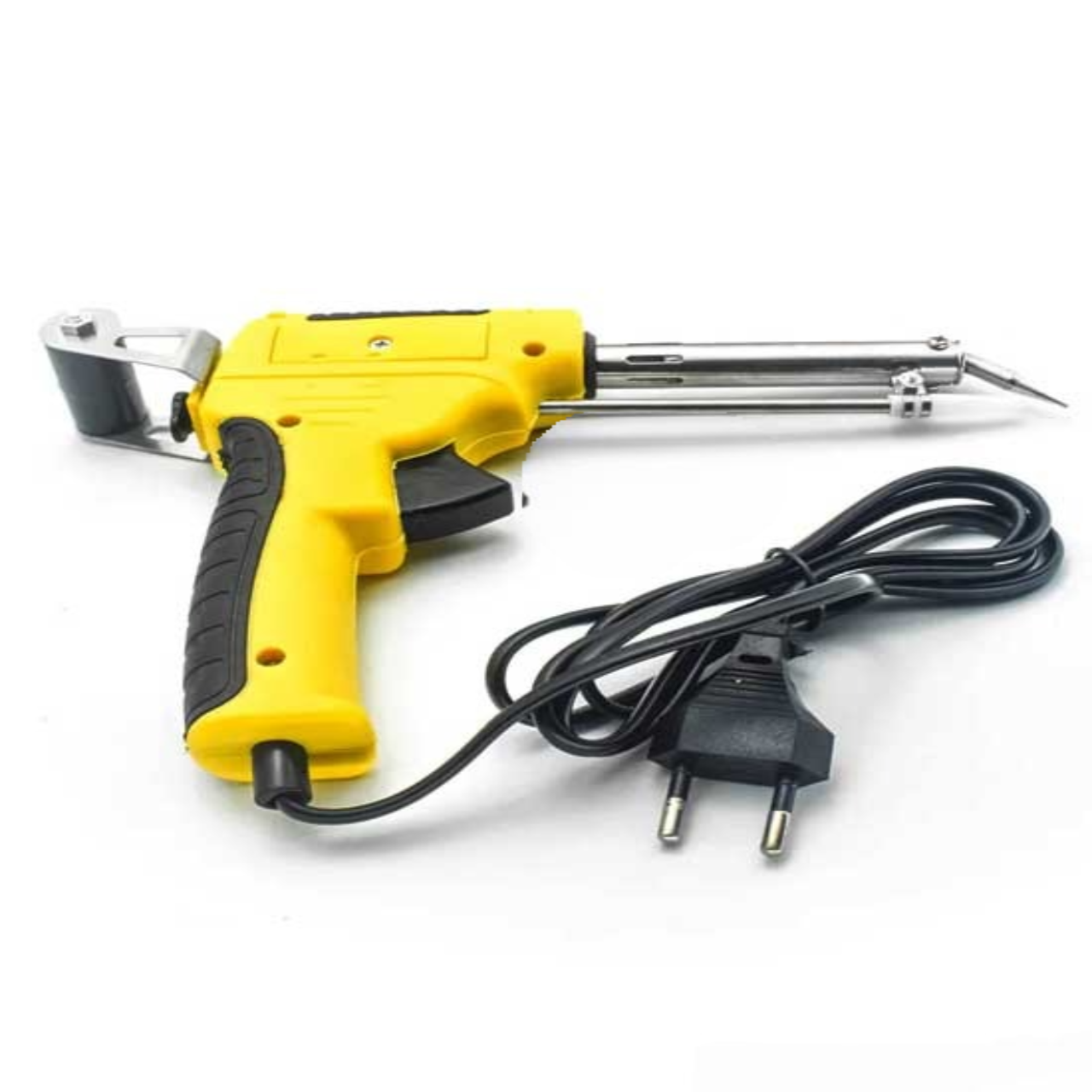 60W Automatic Portable Tin Soldering Gun Cj-129 220-240V - a yellow handheld soldering gun with a trigger, a metal tip, and a black power cord.