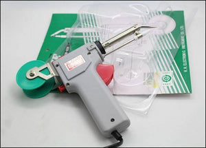 60W Manual Automatic Tin Welding Gun 941-60 Soldering Gun - a grey pistol-grip tool with a red trigger, a green solder spool, and its original packaging.