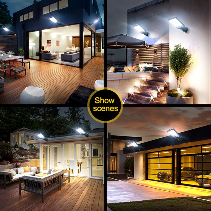 616-4 Motion Sensor Street Lamp - shown in a collage of four different outdoor residential night settings, mounted on walls to illuminate patios and garages.