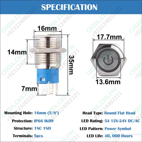 16mm Metal Latching Push Button Switch Waterproof Anti Vandal Silver Shell 12V 24V