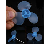 623Y2A Soft Blue 62mm Toy Fan Blade Propeller Three-blade Propeller Fan Blade - light blue plastic propeller with a 1.95mm central hole and a metal shaft attachment.
