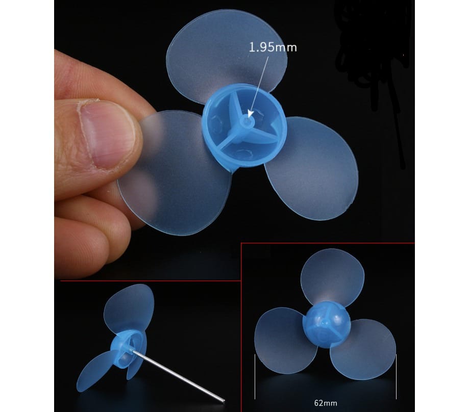 623Y2A Soft Blue 62mm Toy Fan Blade Propeller Three-blade Propeller Fan Blade - light blue plastic propeller with a 1.95mm central hole and a metal shaft attachment.