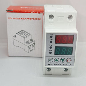 63A 230V Adjustable Over Under Voltage Protector Voltage Ampere Relay Protection Breaker With Over Current Protector | Digilog.pk - shown as a white DIN-rail device with dual LED displays, control buttons, and its matching product box.