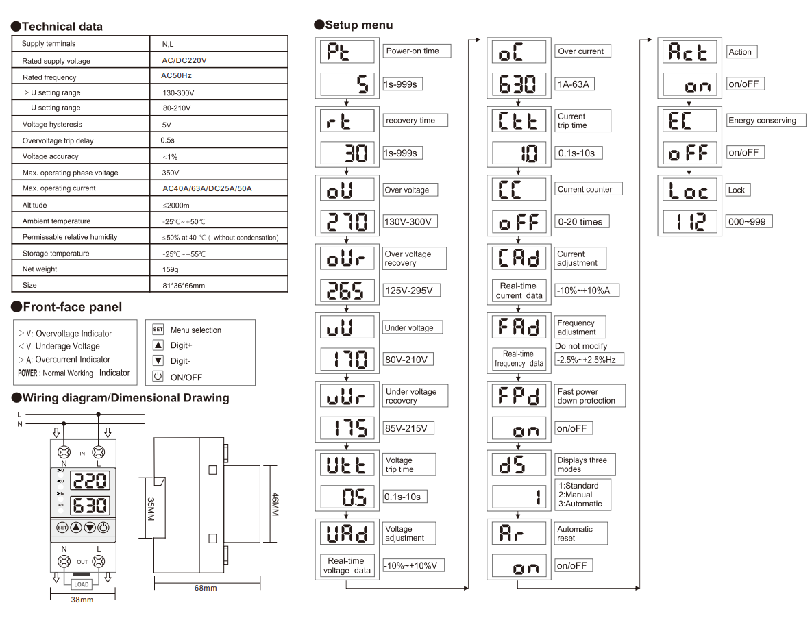 63A 230V Adjustable Over Under Voltage Protector Voltage Ampere Relay Protection Breaker With Over Current Protector | Digilog.pk - wiring diagrams, dimensional drawings, and setup menu options.