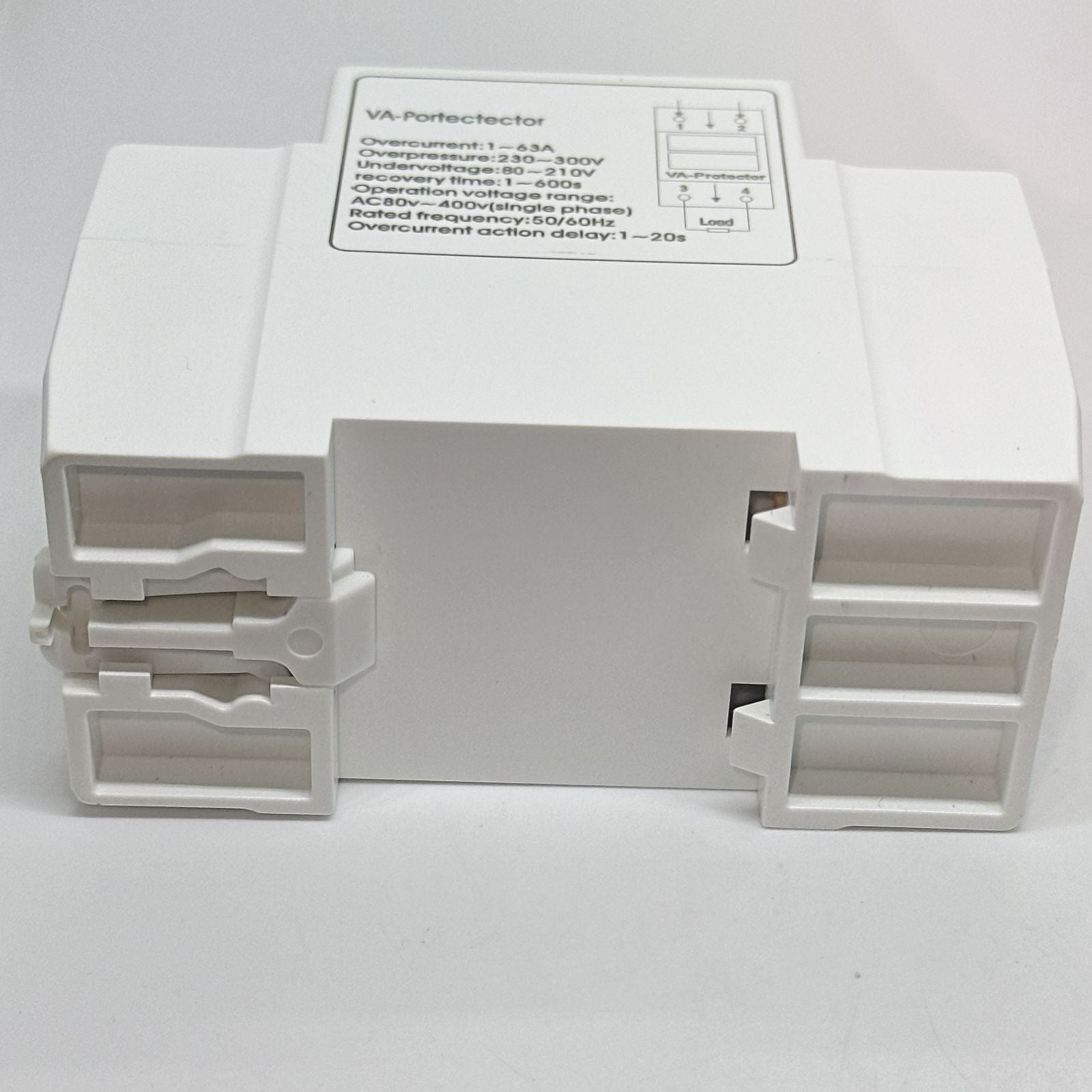 63A 230V Adjustable Over Under Voltage Protector Voltage Ampere Relay Protection Breaker With Over Current Protector | Digilog.pk - a white, rectangular modular device showing its top-mounted wiring diagram and connection terminals.