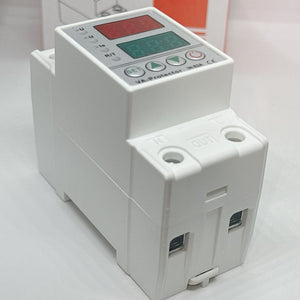 63A 230V Adjustable Over Under Voltage Protector Voltage Ampere Relay Protection Breaker With Over Current Protector | Digilog.pk - a white DIN-rail mounted device featuring a dual-screen display, four control buttons, and terminals.