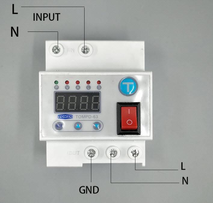 63A Automatic Re connection Circuit Breaker Over and Under Voltage Leakage Protection Current to Protect Relay - a white modular device with a digital display, indicator lights, a red power switch, and labeled input/output.